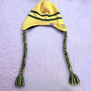 OREGON DUCK Yellow and Green Knit EAR FLAP Beanie with Braids | Unisex